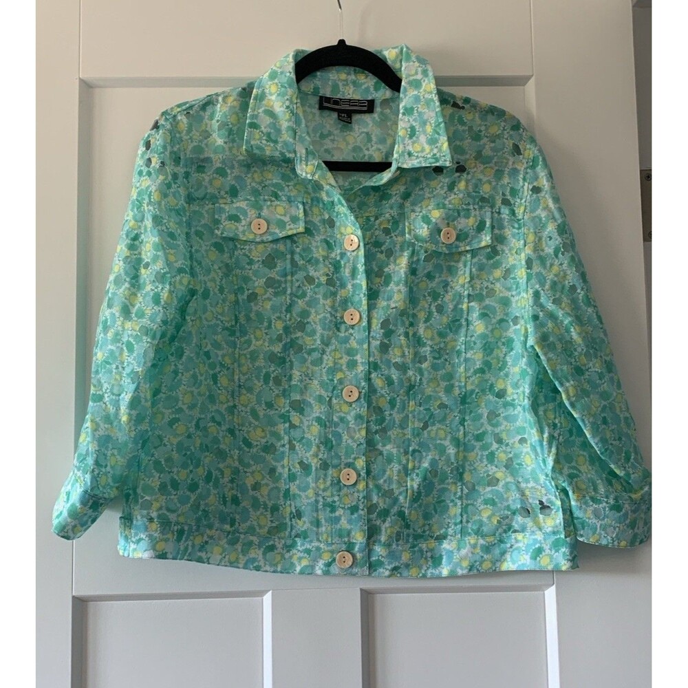 Linear Women's 3/4 Sleeve Floral Button Up Sheer Green Multi-Color Shirt Sz PL